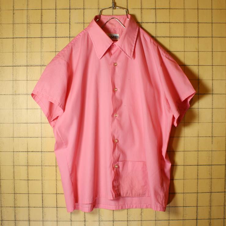 USA製 60s Manhattan 半袖 ボックスシャツ ピンク ライトフランネル メンズM相当 ビンテージ 古着 042419ss114