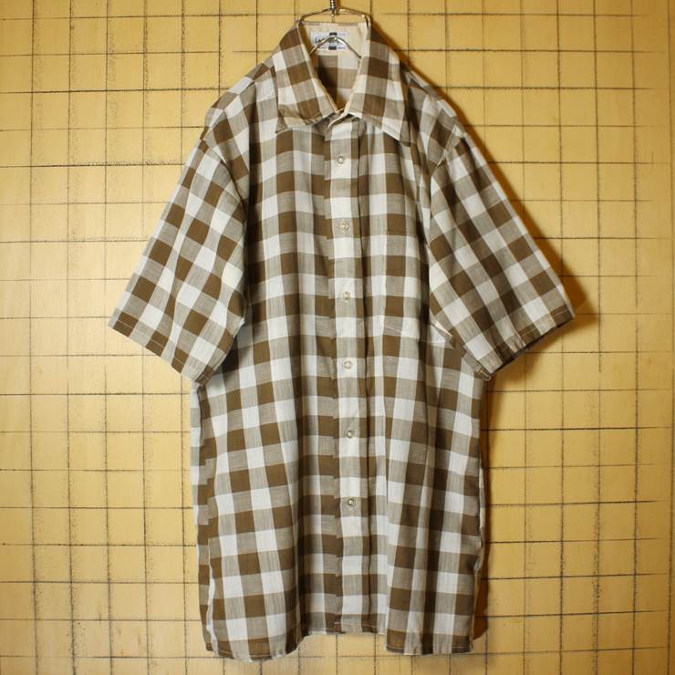 60s 70s LeChevron ビンテージ チェック 半袖 ボックスシャツ ブラウン メンズM 古着 042419ss133