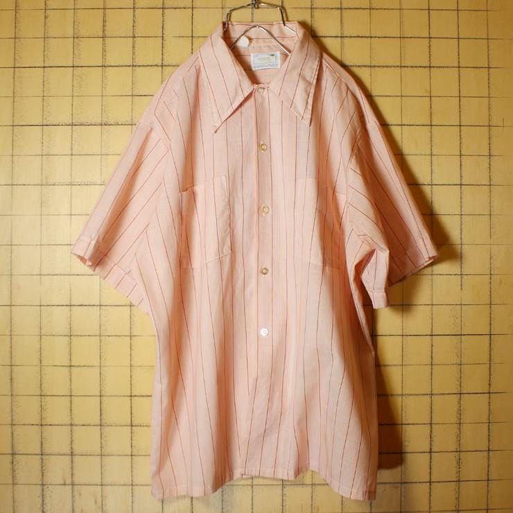 60s 70s HABAND 半袖 ストライプ ボックスシャツ ピンク メンズL相当 古着 042419ss134