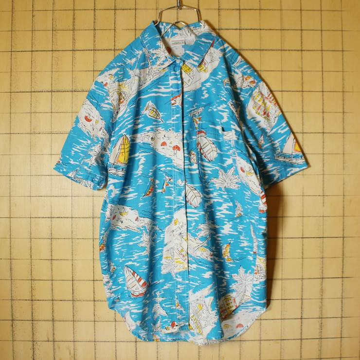 80s ハワイ風景 総柄 アロハ ハワイアン コットン ボックス シャツ ブルー メンズS 海 半袖 古着 PALMETTO'S
