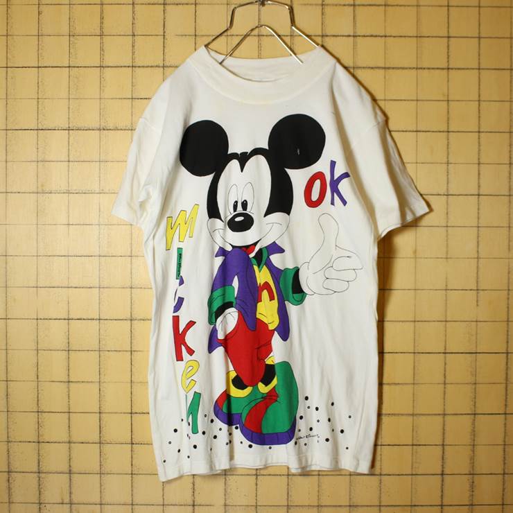 ヨーロッパ ミッキーマウス Tシャツ mickey OK 半袖 ホワイト レディースM相当 WALT DISNEY CO 古着