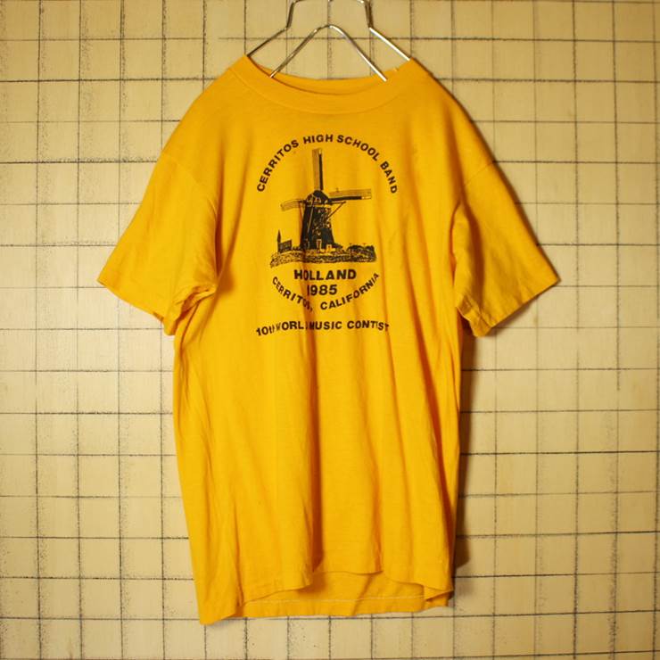 USA製 80s Hanes HOLLAND プリント 半袖 Tシャツ イエロー メンズM 風車 古着