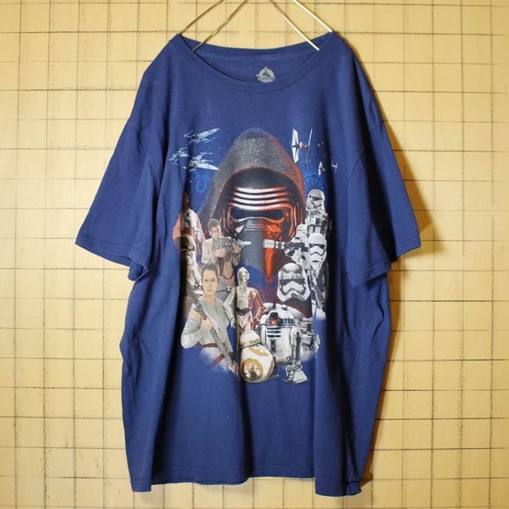 STAR WARS C3PO R2D2 チューバッカ プリント 半袖 Tシャツ ネイビー メンズ2XL ビッグシルエット 古着