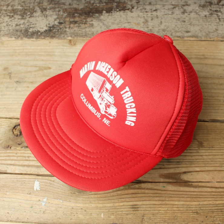 80s 90s USA MARVIN DICKENSON TRUCKING メッシュ キャップ 帽子 レッド フリーサイズ アメリカ古着