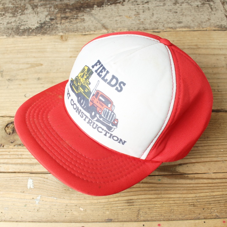 80s 90s USA FIELDS DIRT CONSTRUCTION キャップ 帽子 レッド フリーサイズ アメリカ古着