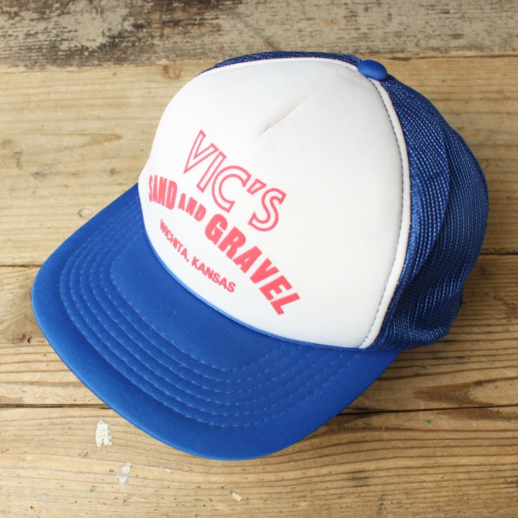 80s 90s USA VIC'S SAND AND GRAVEL メッシュ キャップ 帽子 ブルー フリーサイズ アメリカ古着