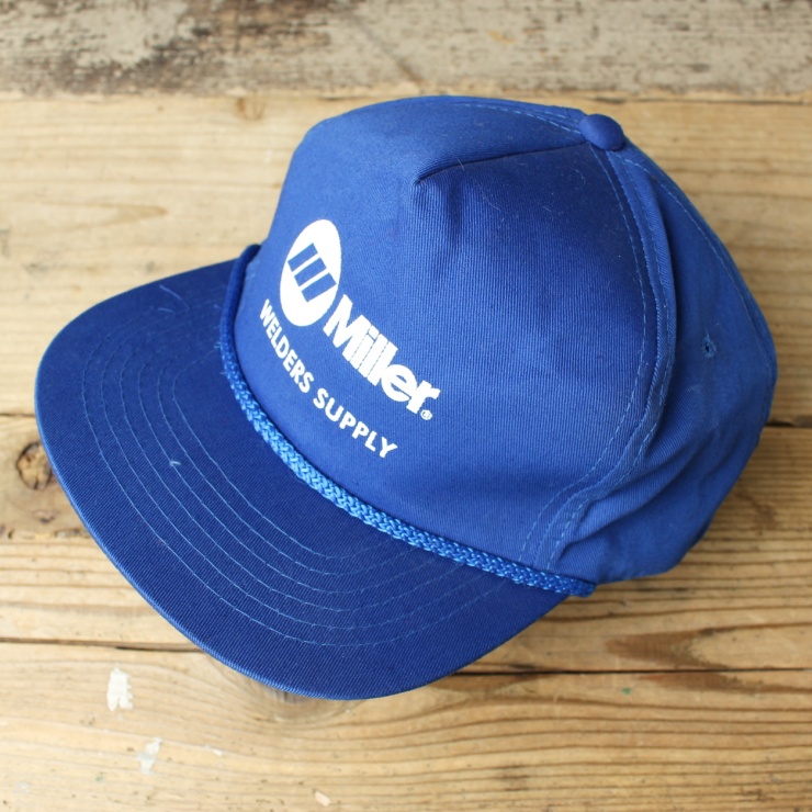 80s 90s USA Miller WELDERS SUPPLY コットン キャップ 帽子 ブルー フリーサイズ アメリカ古着