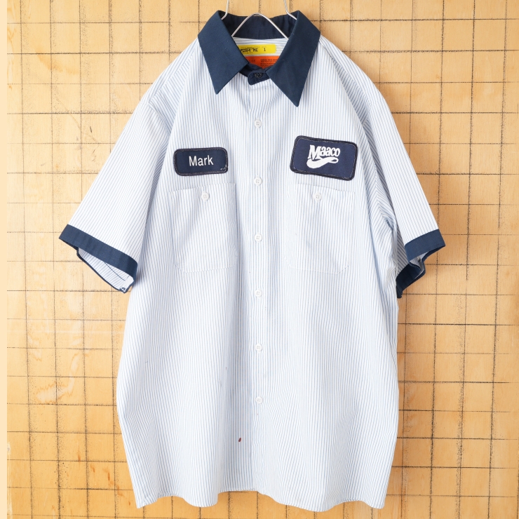70s 80s USA製 UniFirst Maacoワッペン ストライプワークシャツ ブルー メンズL 半袖 アメリカ古着