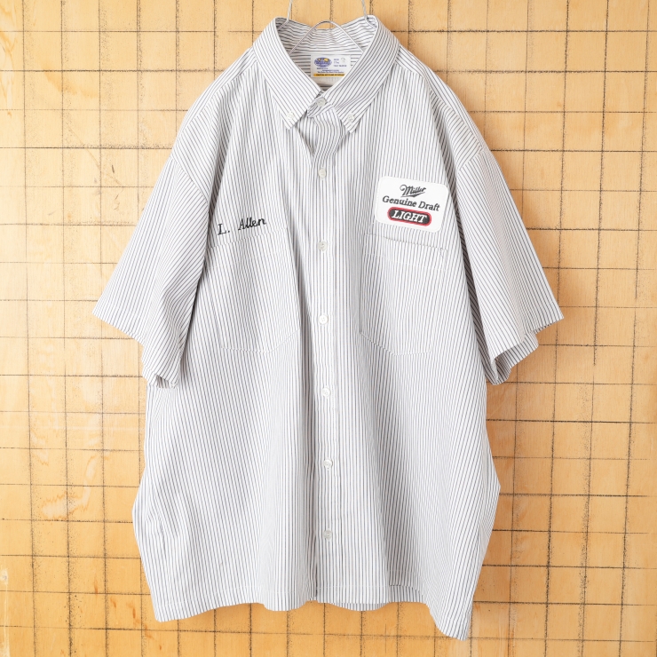 70s 80s USA製 RIVERSIDE Millerワッペン ストライプワークボタンダウンシャツ グレー メンズXL相当 半袖 アメリカ古着