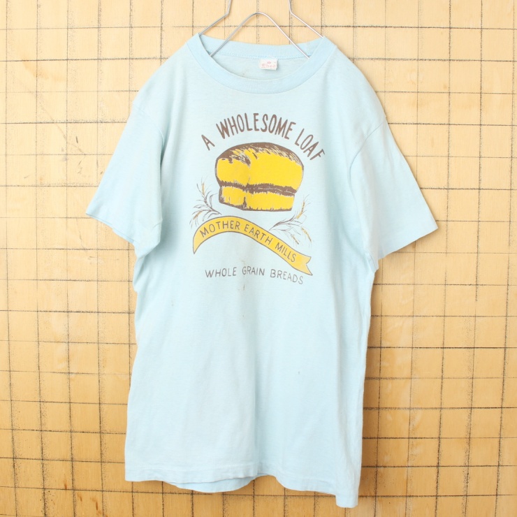 70s-80s USA製 Ched MOTHER EARTH WHOLE FOODS 両面プリント Tシャツ 半袖 ライトブルー レディースM アメリカ古着