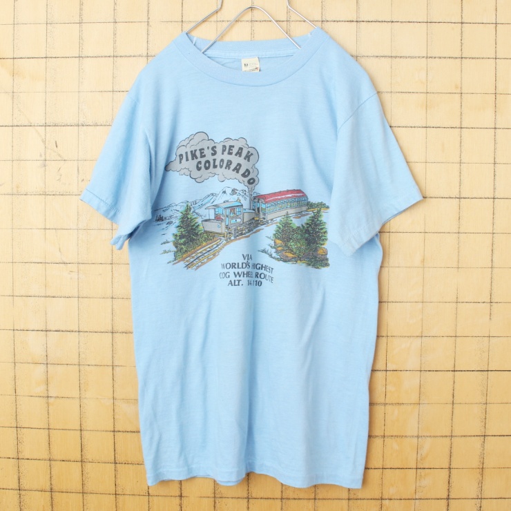 70s-80s USA製 SCREEN STARS PIKE'S PEAK COLORADO プリント Tシャツ 半袖 ライトブルー メンズM アメリカ古着