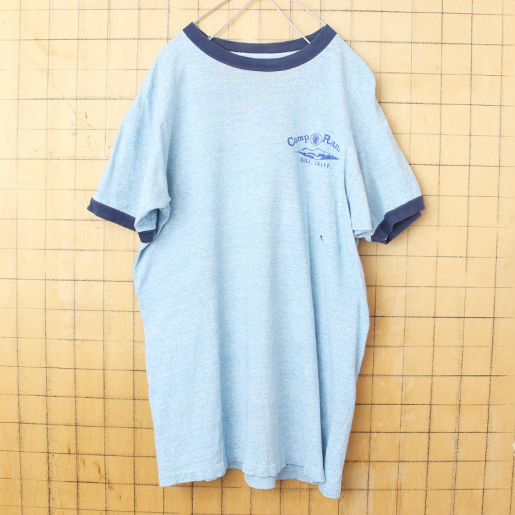 60s USA製 Collegiate Pacific Camp Ramah プリント リンガー Tシャツ 半袖 霜降りブルー メンズXL アメリカ古着