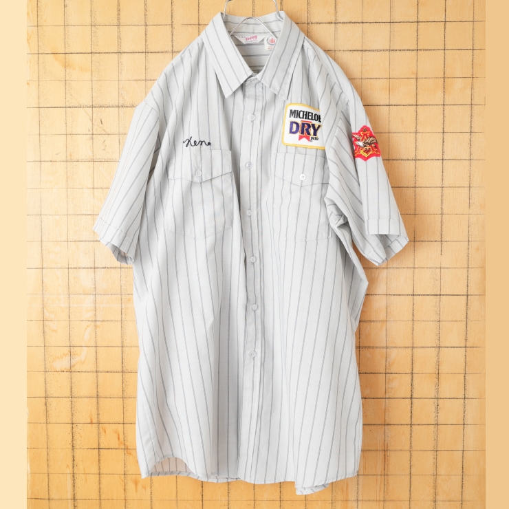 70s 80s USA製 Unitog MICHELOBワッペン ストライプワークシャツ グレー メンズXL相当 半袖 アメリカ古着