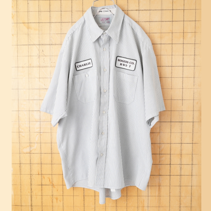 70s 80s USA製 RED KAP ROGERS CO. ワッペンストライプワークシャツ グレー メンズXL 半袖 アメリカ古着