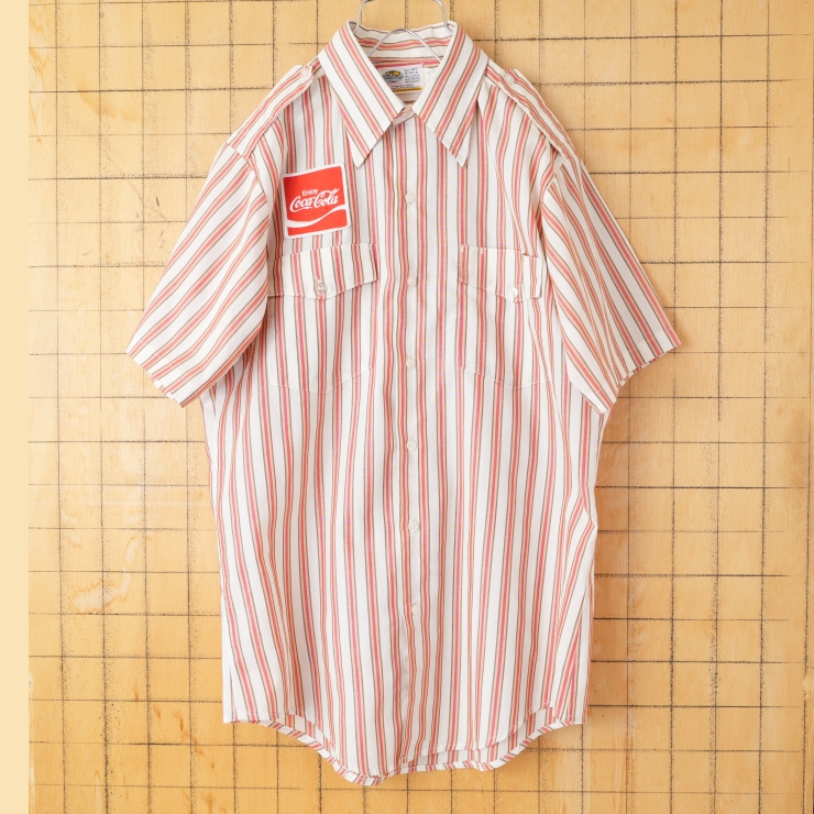 70s 80s USA製 RIVERSIDE CocaColaワッペン ストライプワークシャツ レッド メンズM 半袖 コカコーラ アメリカ古着