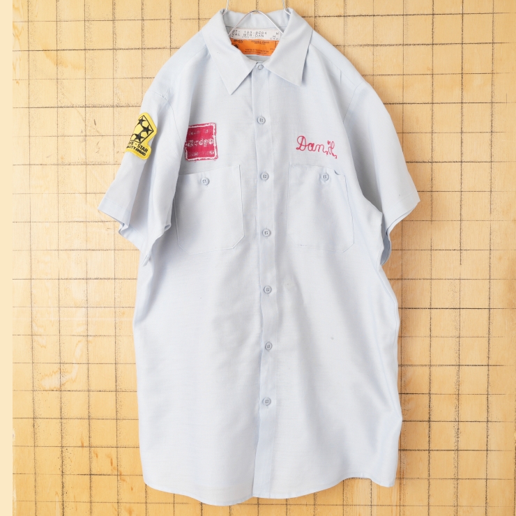 90s USA製 RED KAP ワッペンワークシャツ ライトブルー メンズM 半袖 アメリカ古着