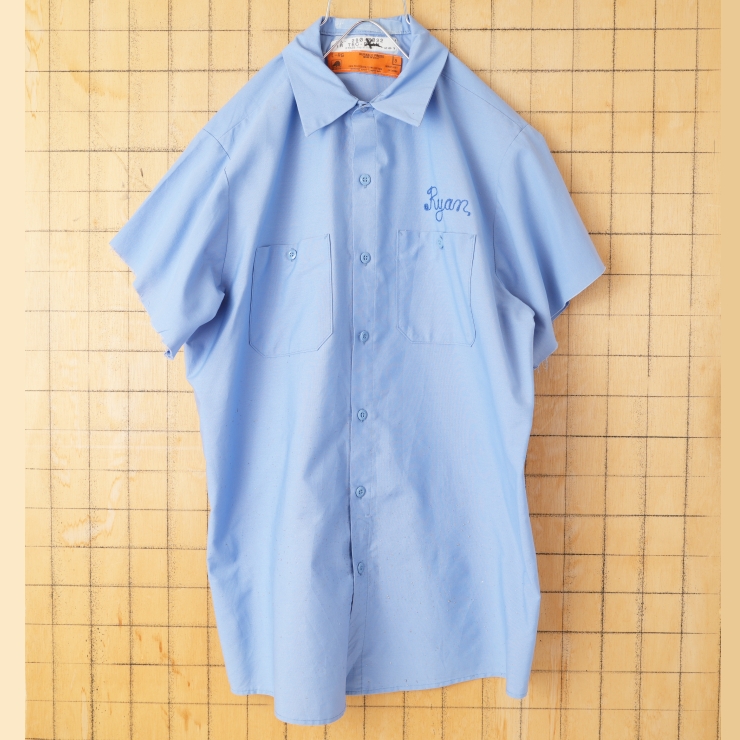 70s 80s USA製 RED KAP Ryanチェーンステッチ カットオフワークシャツ ライトブルー メンズL 半袖 アメリカ古着