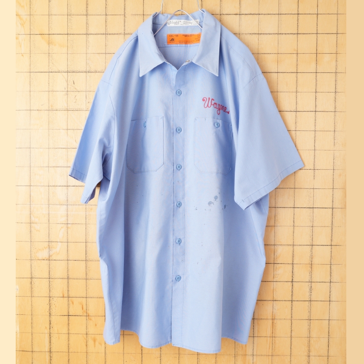 ビッグサイズ 70s 80s USA製 RED KAP Wayneチェーンステッチ ワークシャツ ライトブルー メンズXXL 半袖 アメリカ古着