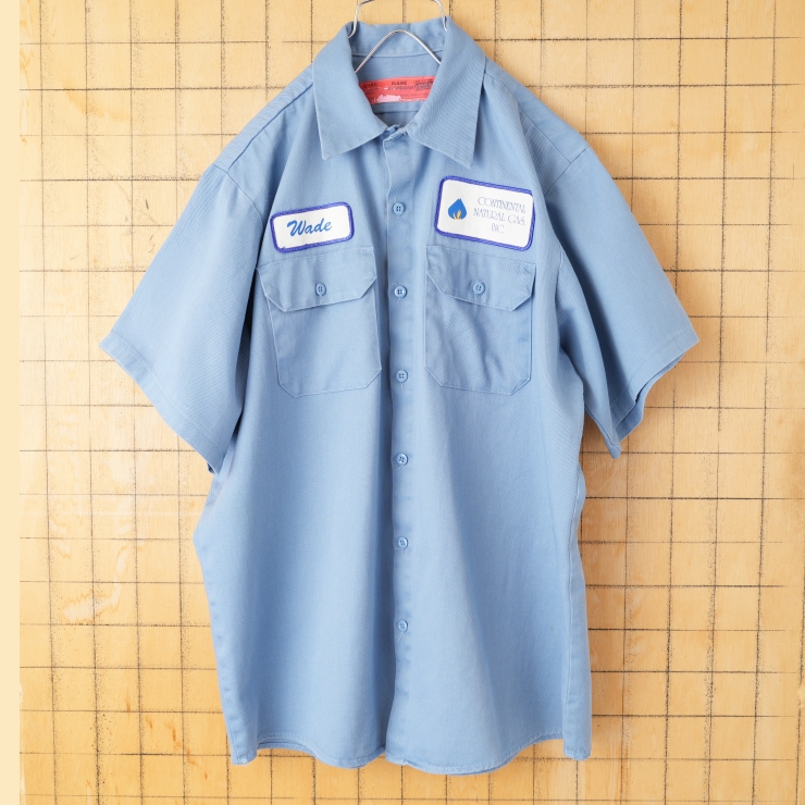 80s 90s USA製 CONTINENTAL NATURAL GAS INCワッペン コットン ワークシャツ ライトブルー メンズL 半袖 アメリカ古着