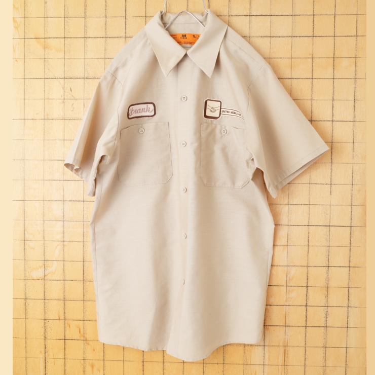70s 80s USA製 GCA UNITED MOBILE AIRE INC. ワッペンワークシャツ ベージュ メンズM 半袖 アメリカ古着