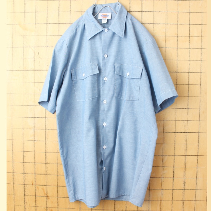 80s 90s USA製 Dickies ディッキーズ シャンブレー ワーク シャツ ライトブルー メンズM 半袖 アメリカ古着