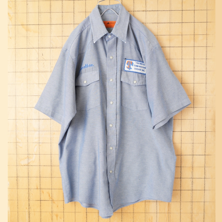 70s 80s USA製 RED KAP チェーンステッチ シャンブレーワークシャツ ライトブルー メンズL 半袖 アメリカ古着