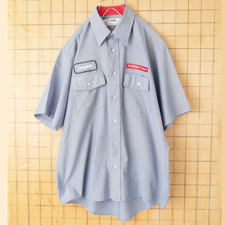 80s 90s USA製 CiNTAS シャンブレーワークシャツ ライトブルー メンズL 半袖 アメリカ古着