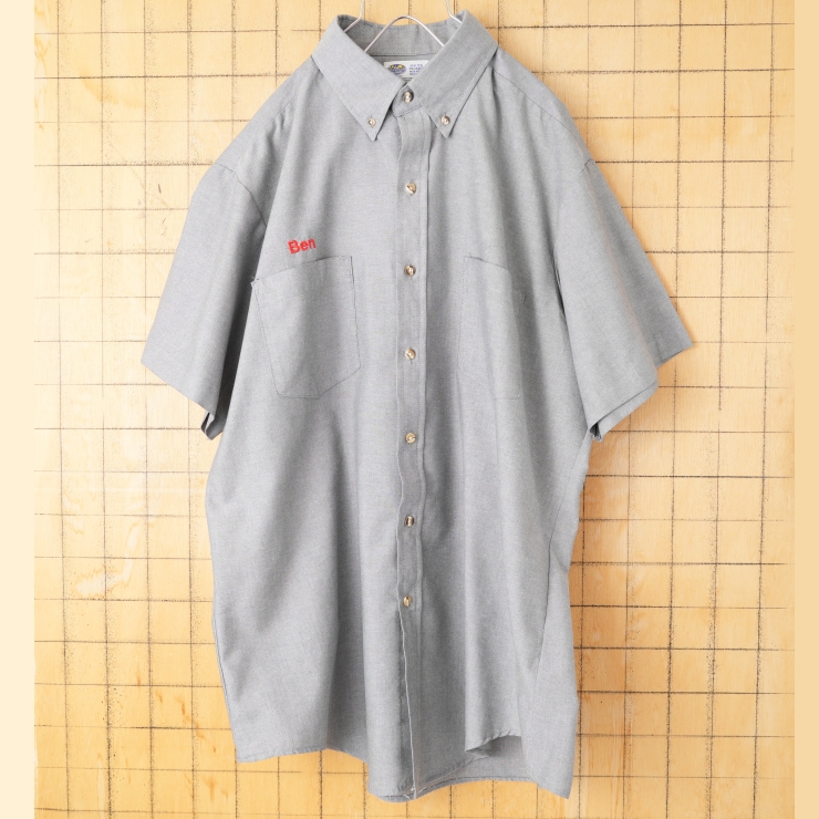 70s 80s USA製 RIVERSIDE Millerワッペン シャンブレーワークボタンダウンシャツ グレー メンズXL相当 半袖 アメリカ古着