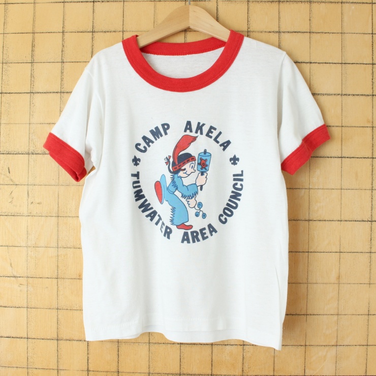 70s 80s USA製 CAMP AKELA キッズ リンガーTシャツ 半袖 ホワイト 120cm相当 インディアン キッズサイズ 子供服 アメリカ古着