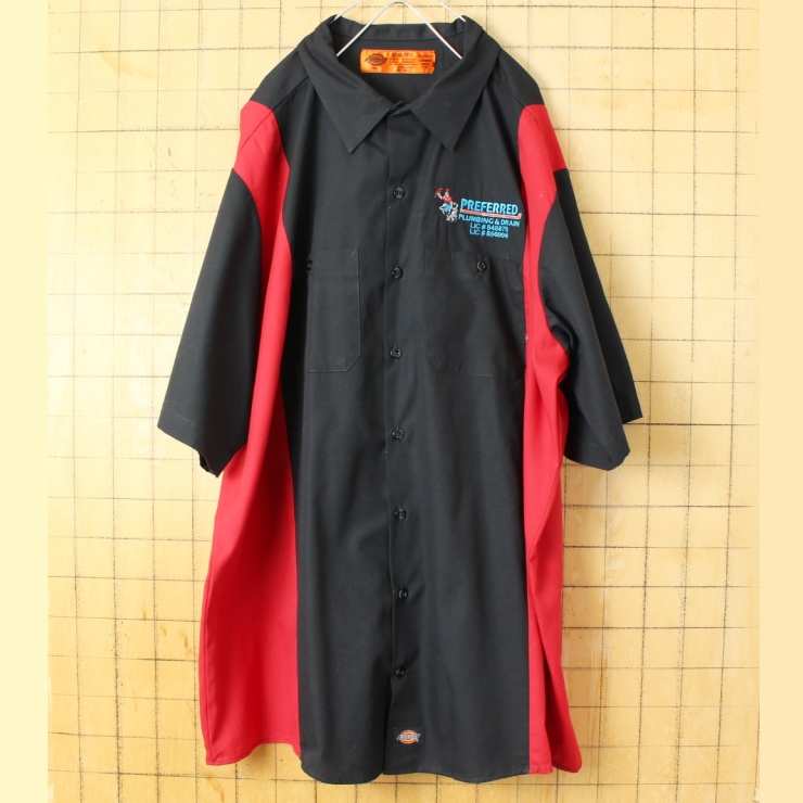 ビッグサイズ 90s 00s USA Dickies ディッキーズ PREFERRED PLUMBING & DRAIN ワーク シャツ ブラック メンズ3XL 半袖 アメリカ古着