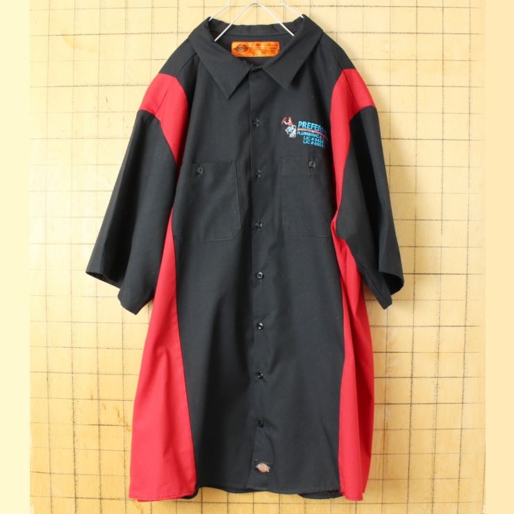 ビッグサイズ 90s 00s USA Dickies ディッキーズ PREFERRED PLUMBING & DRAIN ワーク シャツ ブラック メンズ3XL 半袖 アメリカ古着 031324ss29