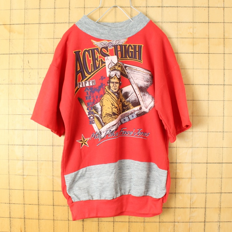 70s 80s USA製 U.M.S. ACES HIGH FIFTH AIR FORCE 半袖 スウェット レッド メンズS アメリカ古着