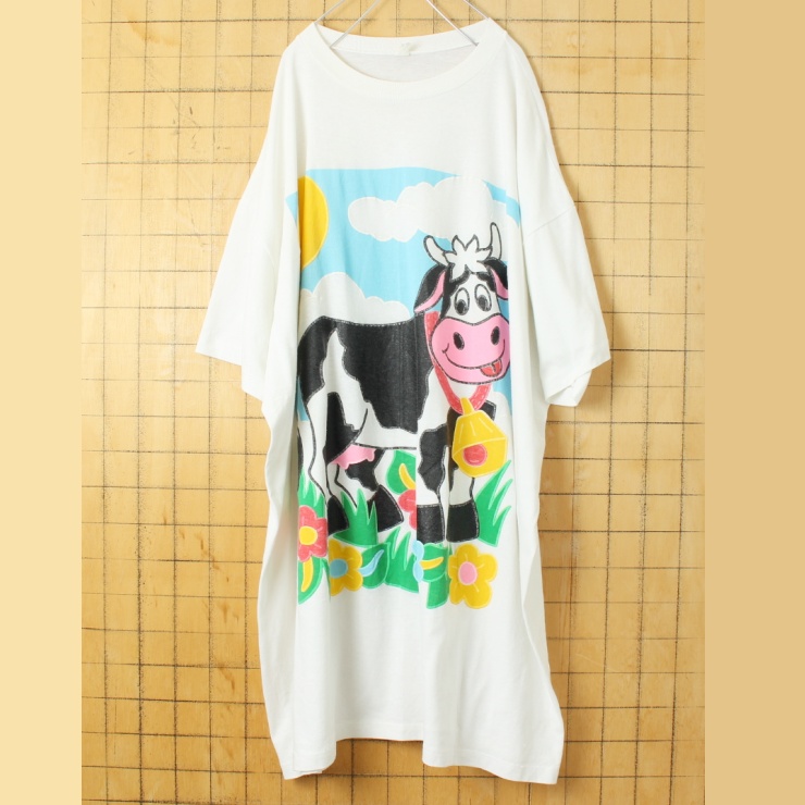 ビッグサイズ USA製 プリント 半袖 Tシャツ ホワイト メンズ2XL相当 ワンピース ウシ アメリカ古着