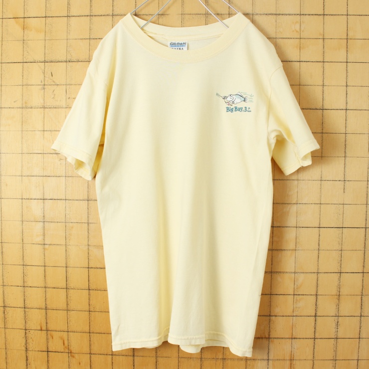 90s 00s USA GILDAN Big Bay,B.C 刺繍 半袖 Tシャツ ベージュ メンズS 釣り フィッシング アメリカ古着