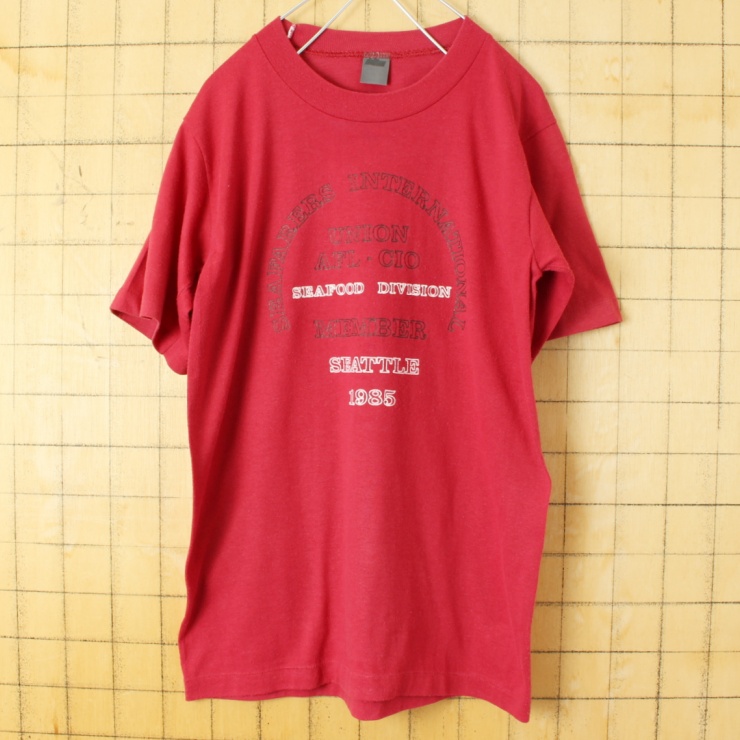 80s USA製 JERZEES プリント 半袖 Tシャツ ボルドー レッド メンズS相当 アメリカ古着