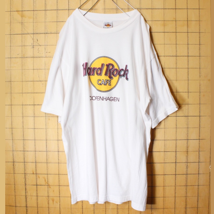 90s Hard Rock CAFE COPENHAGEN プリント Tシャツ ホワイト 半袖 メンズL アメリカ古着