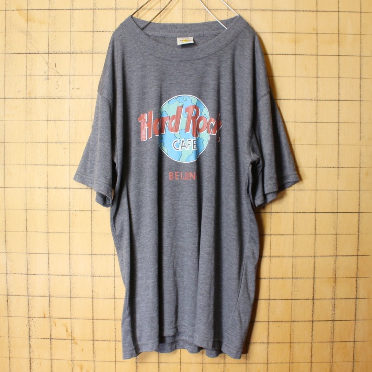 Hard Rock CAFE BEIJING プリント Tシャツ グレー 半袖 メンズL アメリカ古着