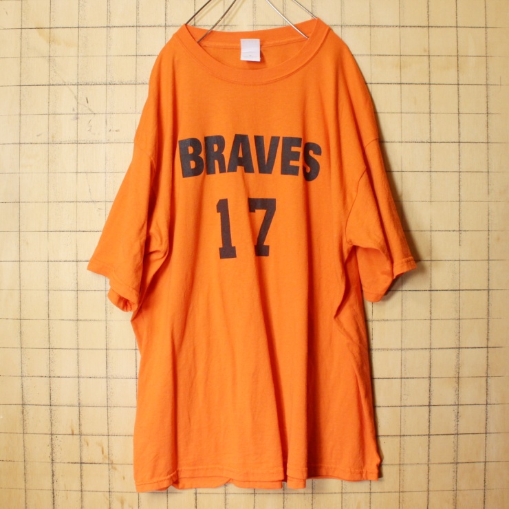 USA GILDAN BRAVES 両面プリント Tシャツ オレンジ 半袖 メンズXL ナンバリング アメリカ古着