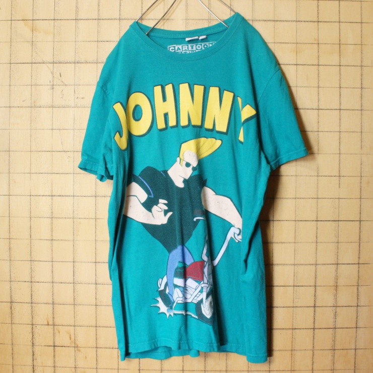 USA CARTOON NETWORK JOHNNY ジョニー ブラボー プリント Tシャツ エメラルドグリーン 半袖 メンズL アメリカ古着