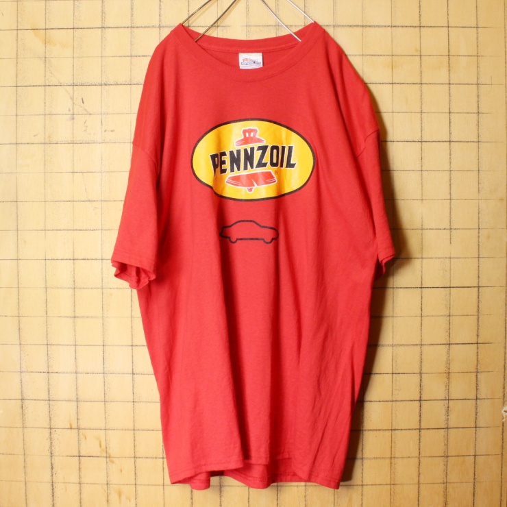 USA Hanes PENNZOIL ペンズオイル 両面プリント Tシャツ レッド 半袖 メンズXL アメリカ古着