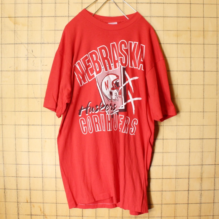 70s 80s USA製 ARTEX NEBRASKA CORNHUSKERS プリント Tシャツ レッド 半袖 メンズM アメリカ古着