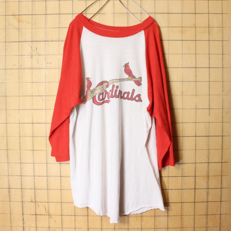 70s 80s USA製 SOFFE ATHLETIC Cardinals カージナルス プリント ラグラン Tシャツ レッド 七分袖 メンズL アメリカ古着