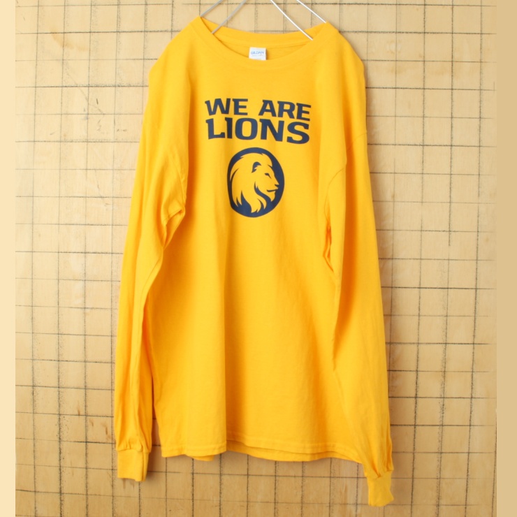 00s USA GILDAN WE ARE LIONS プリント 長袖 Tシャツ ロンT イエロー メンズL アメリカ古着