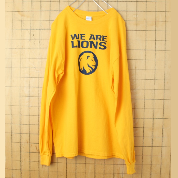00s USA GILDAN WE ARE LIONS プリント 長袖 Tシャツ ロンT イエロー メンズL アメリカ古着