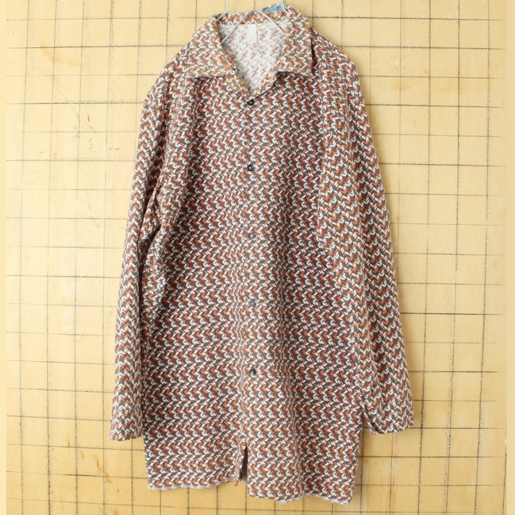 60s 70s EURO 総柄 シャツ メンズM相当 ブラウン 長袖 幾何学模様 フランス ドイツ ヨーロッパ古着