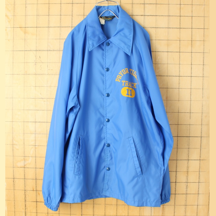 70s USA製 champion チャンピオン ランタグ ナイロン コーチジャケット ブルー メンズL相当 PRYOR TIGERS アメリカ古着