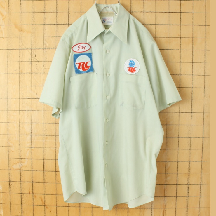70s 80s USA製 RED KAP レッドキャップ 7up RC ワッペン ワークシャツ ライトグリーン メンズML相当 半袖 アメリカ古着