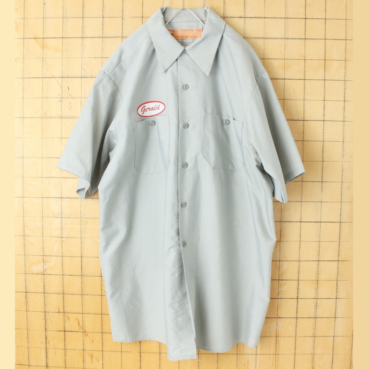 70s 80s USA製 RED KAP レッドキャップ ワッペン ワークシャツ グレー メンズL 半袖 アメリカ古着