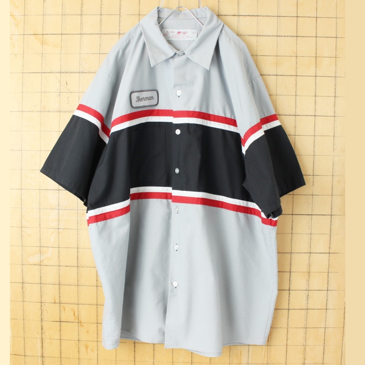 70s 80s USA製 RED KAP レッドキャップ ワッペン ワークシャツ グレー ブラック メンズXL 半袖 アメリカ古着
