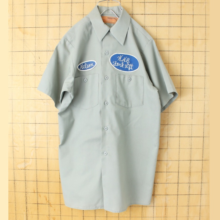 70s 80s USA製 ワッペン ワークシャツ グレー メンズS 半袖 アメリカ古着